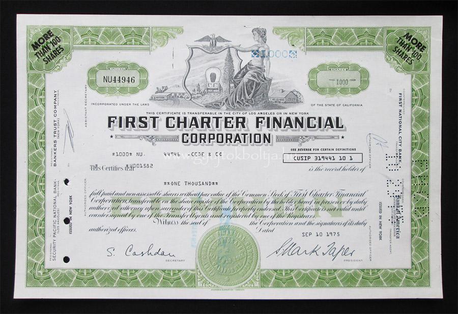 First Charter Financial Corporation 1000 r�szv�ny 1975 / eg�szs�gbiztos�t�s, p�nz�gyi szolg�ltat�sok, hitelez�s